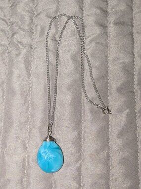 $2 with Bundle ~ Wire Wrapped Blue Marbled Glass Stone Pendant Necklace  6487